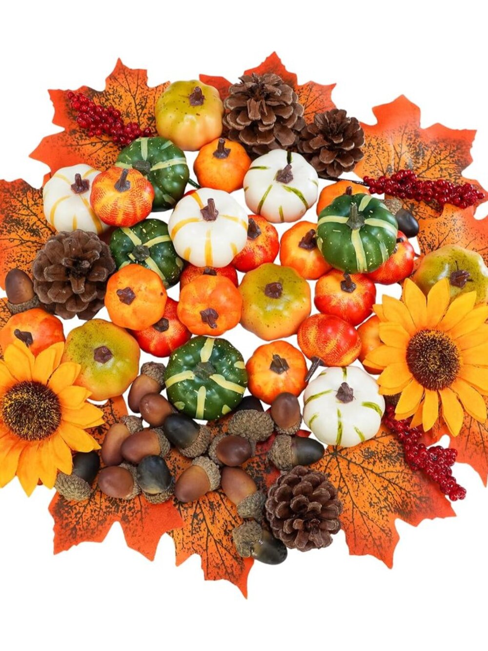 68 Pcs Assorted Mini Artificial Pumpkins with Maple Leaves Pinecones Acorns Sunf